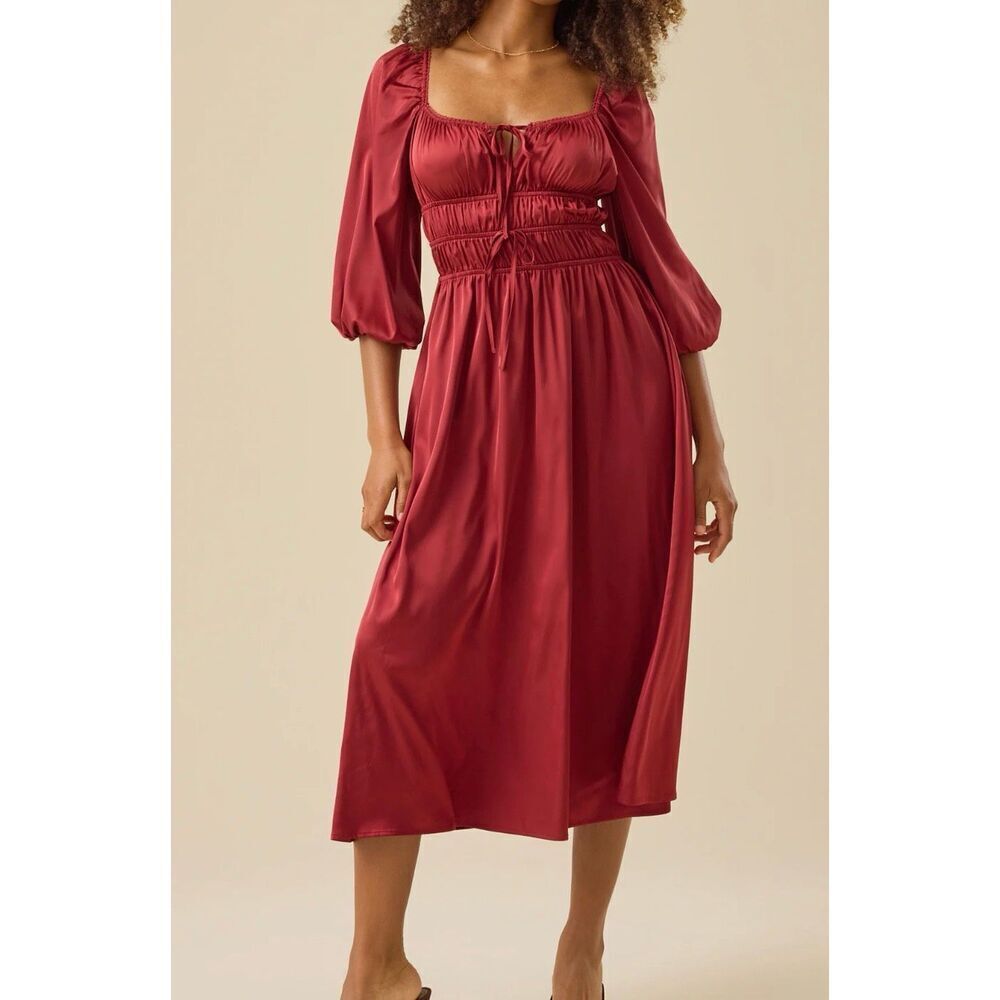 Amazon Satin red tie bust puff sleeve milkmaid midi dress M
